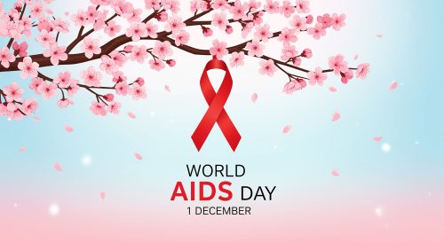 World AIDS Day illustration with a symbolic red ribbon and cherry blossom branches, December 1st date.