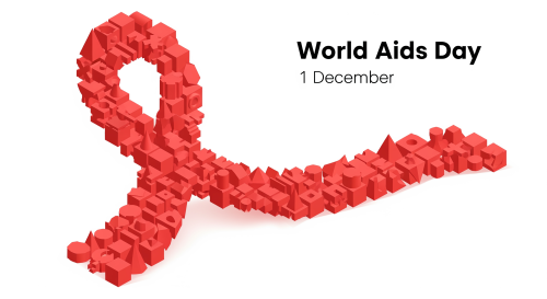 World Aids Day concept illustration, with red ribbon made of geometric shapes on white background.